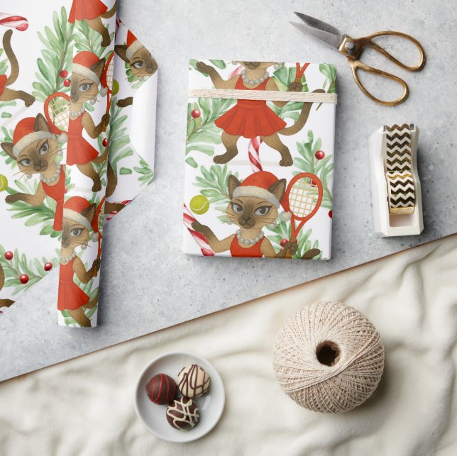 Tennis Christmas themed fir Siamese cat Lovers Geschenkpapier (Kunsthandwerk)