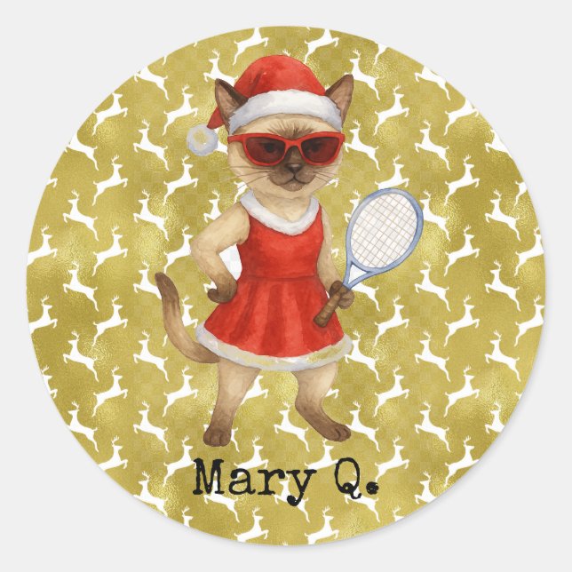 Tennis Christmas themed for Cat Lovers Runder Aufkleber (Vorderseite)