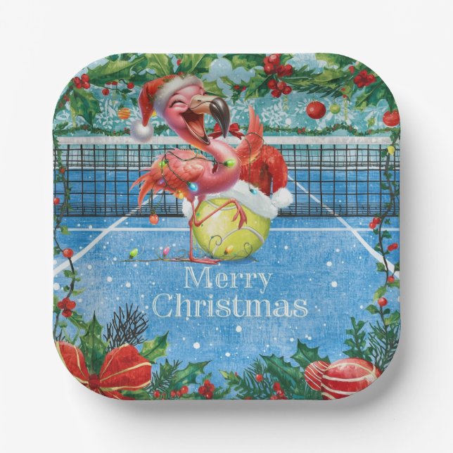 Tennis Christmas with Flamingo themed  Pappteller (Vorderseite)