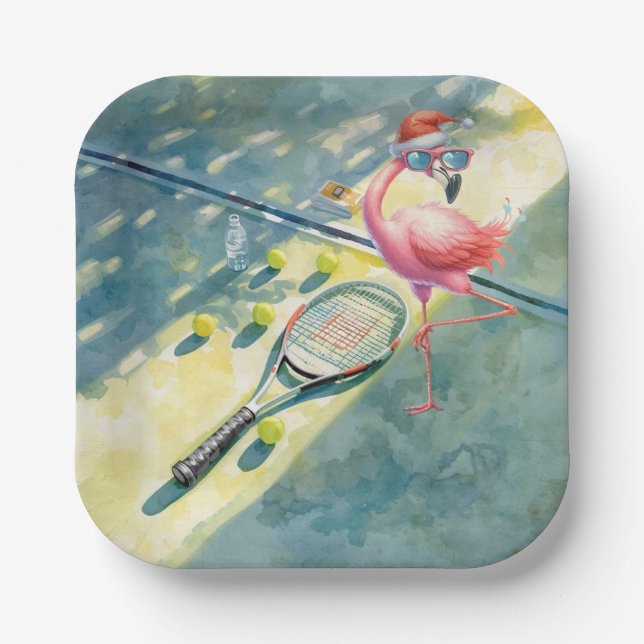 Tennis Christmas with Flamingo themed  Pappteller (Vorderseite)
