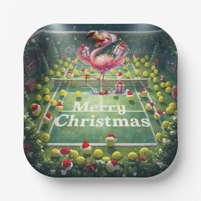Tennis Christmas with Flamingo themed  Pappteller (Vorderseite)