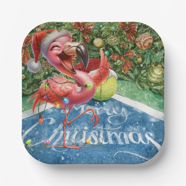 Tennis Christmas with Flamingo themed  Pappteller (Vorderseite)