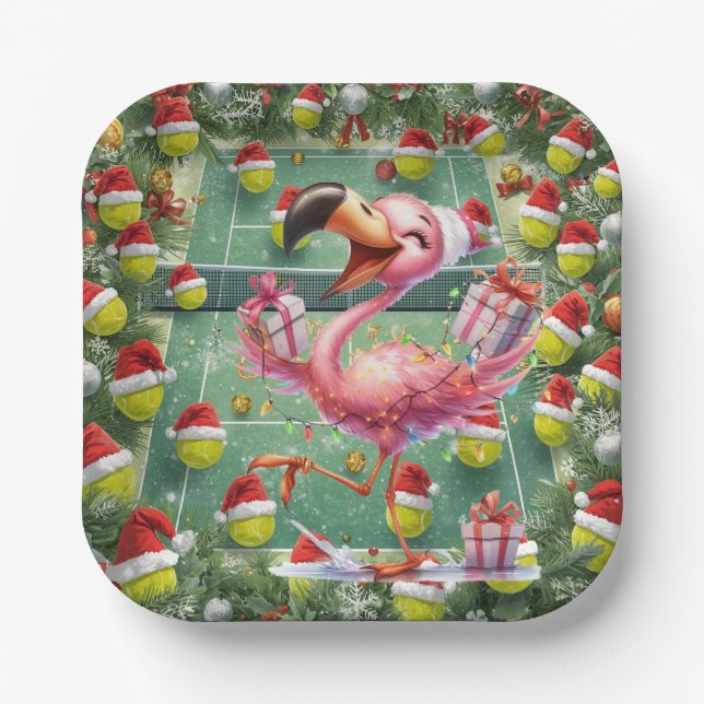 Tennis Christmas with Flamingo themed  Pappteller (Vorderseite)
