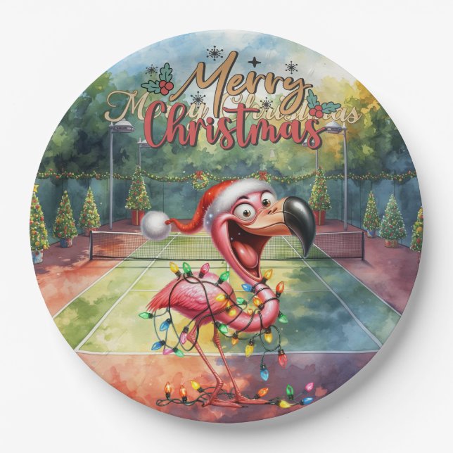 Tennis Christmas with Flamingo themed  Pappteller (Vorderseite)