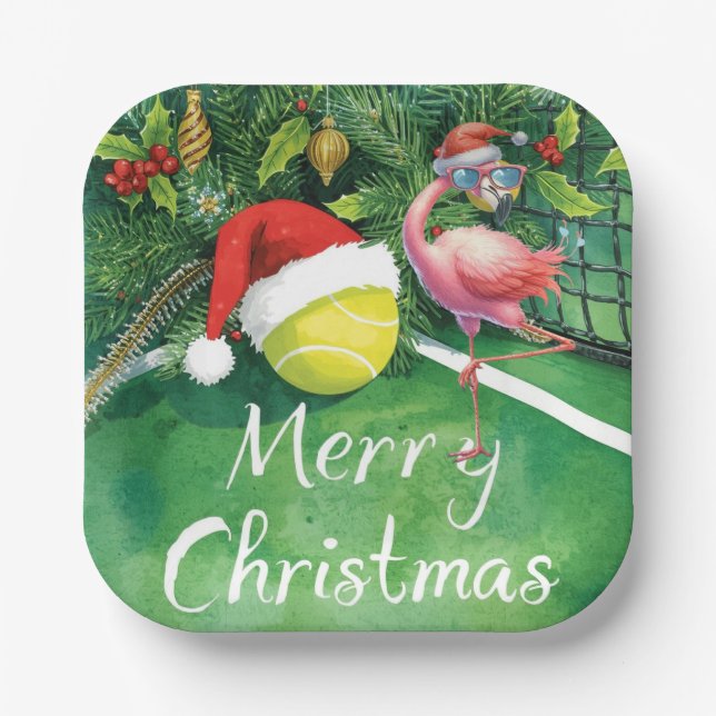 Tennis Christmas with Flamingo themed  Pappteller (Vorderseite)