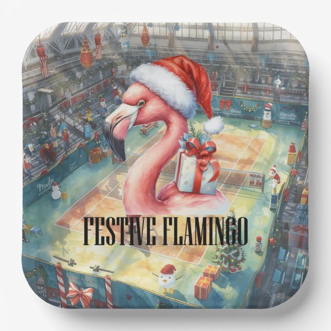 Tennis Christmas with Flamingo themed  Pappteller (Vorderseite)