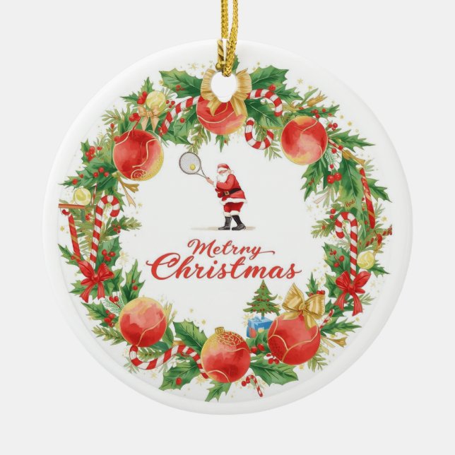 Tennis Christmas with Santa Claus with ball wreath Keramik Ornament (Vorne)