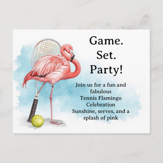 Tennis  Flamingo  with racket and ball invitation  Postkarte (Vorderseite)