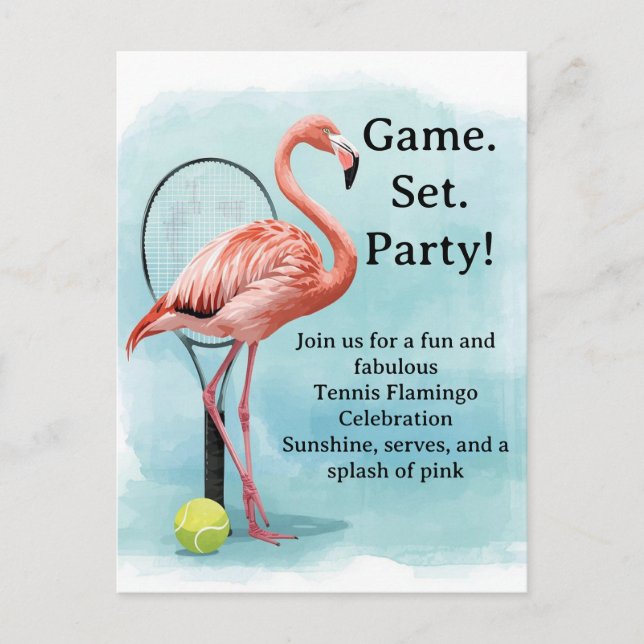 Tennis  Flamingo  with racket and ball invitation  Postkarte (Vorderseite)