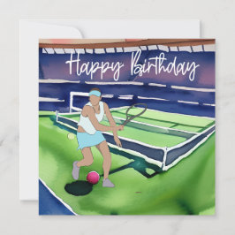 Tennis-Frau mit Happy Birthday Wort für Spieler
