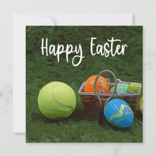 Tennis Frohe Ostern mit Ball und Eiern auf grünem Feiertagskarte