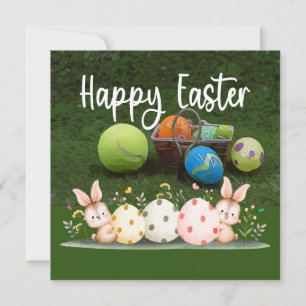 Tennis Frohe Ostern mit Ball und Eiern auf grünem Feiertagskarte