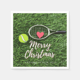 Tennis Frohe Weihnachten mit Ball und Schlägerei L Serviette