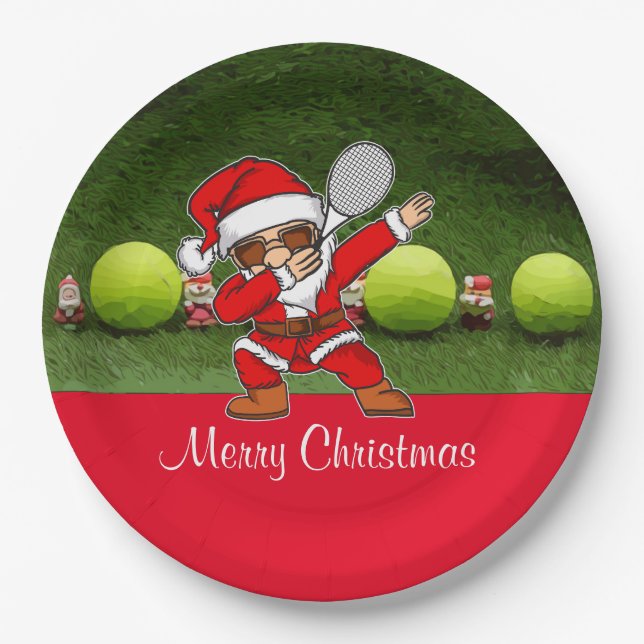 Tennis Frohe Weihnachten mit Ball und Weihnachtsma Pappteller (Vorderseite)