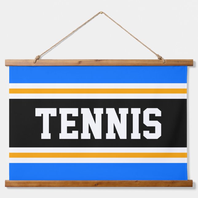 TENNIS Fun Bright Blue Black Yellow Sporpes Wandteppich Mit Holzrahmen (Vorne)