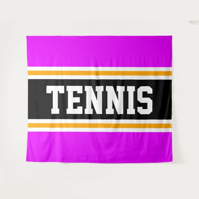 TENNIS Fun Sporty Bright Pink Black Yellow Streife Wandteppich (Vorderseite (Horizontal))