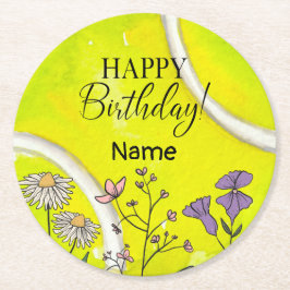 Tennis Geburtstag auf Tennisball für Spieler Runder Pappuntersetzer