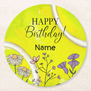 Tennis Geburtstag auf Tennisball für Spieler Runder Pappuntersetzer