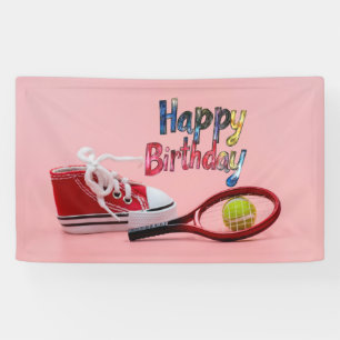 Tennis-Geburtstag mit Ball und Schläger auf Rosa Banner