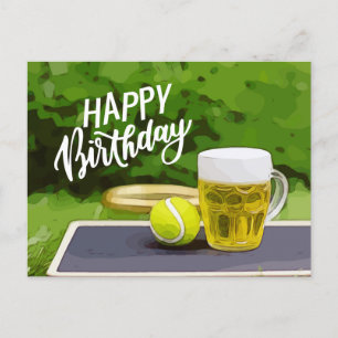 Tennis Geburtstag mit Bier und Ballschläger auf Gr Postkarte