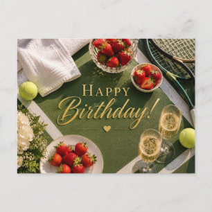Tennis-Geburtstag mit Champagner und Erdbeeren Postkarte