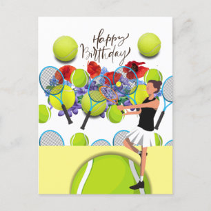 Tennis Geburtstag mit Frauenspielerin und Blume Postkarte