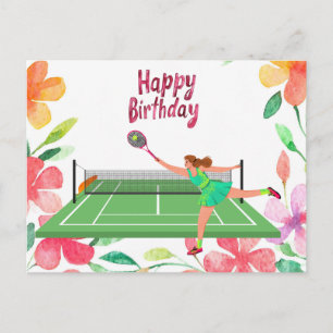Tennis-Geburtstag mit Spielerin und Blume Postkarte