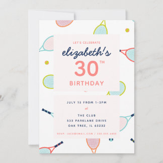 Tennis Geburtstagsparty Coral Blue Green Custom Einladung