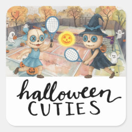 Tennis Halloween-Party mit Tennisball und Gespenst Quadratischer Aufkleber