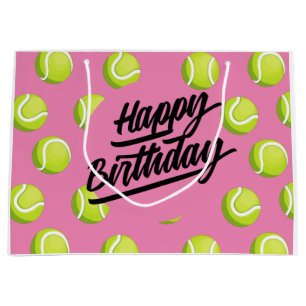 Tennis Happy Birthday mit Ball auf rosa Große Geschenktüte