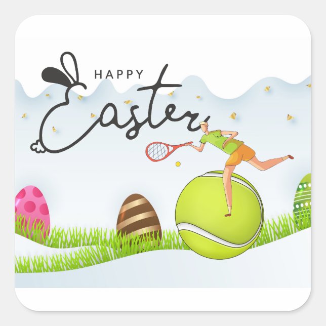 Tennis Happy Easter to Tennis Spieler mit Eiern Quadratischer Aufkleber (Vorderseite)