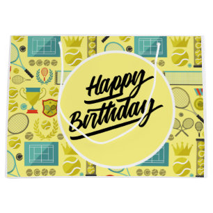 Tennis Happy Geburtstag mit Ball und Schläger gelb Große Geschenktüte