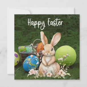Tennis Happy Ostern mit Ball und Eiern auf Grün Feiertagskarte