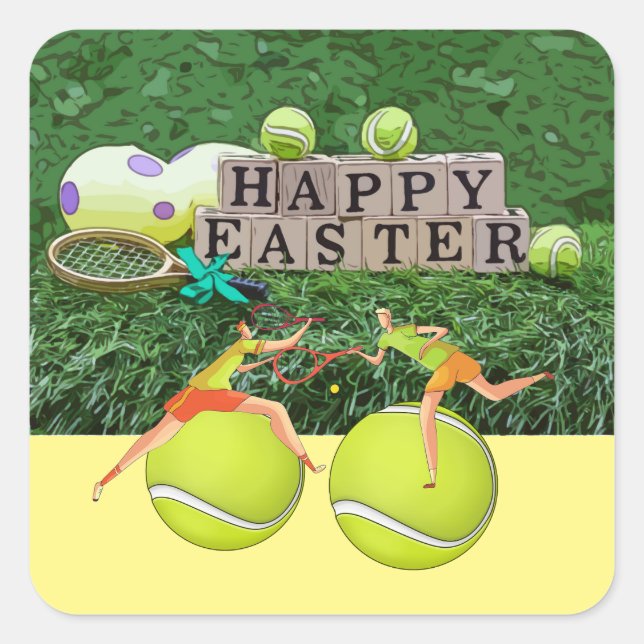 Tennis Happy Ostern mit Ball und Eiern auf Grün Quadratischer Aufkleber (Vorderseite)