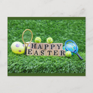 Tennis Happy Ostern mit Ballschläger und Eiern Pos Postkarte