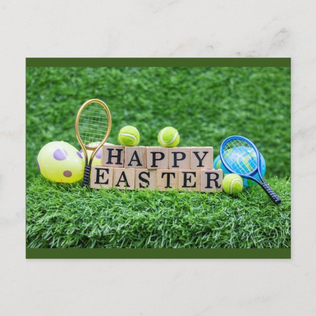 Tennis Happy Ostern mit Ballschläger und Eiern Pos Postkarte (Vorderseite)