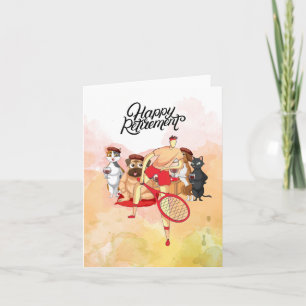 Tennis Happy Pension Spieler und Hunde Aquarell Karte