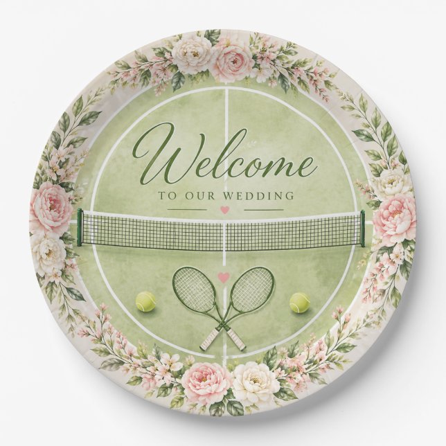 Tennis Hochzeit Willkommen Pappteller (Vorderseite)