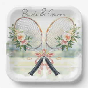 Tennis-Hochzeits-Schläger mit Blumen-Braut & Bräut Pappteller