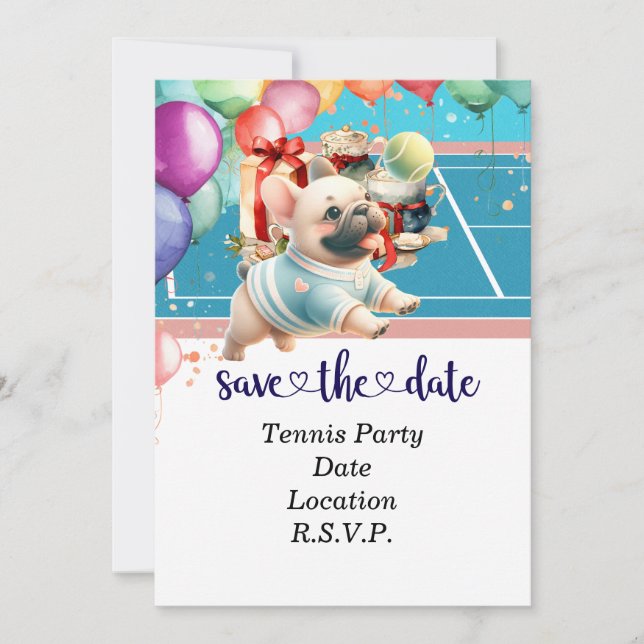 Tennis Hund zum Geburtstag: Save the Date Einladun (Vorderseite)