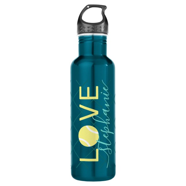 Tennis-Liebe Personalisiert Aquamarin und gelb Edelstahlflasche (Vorderseite)