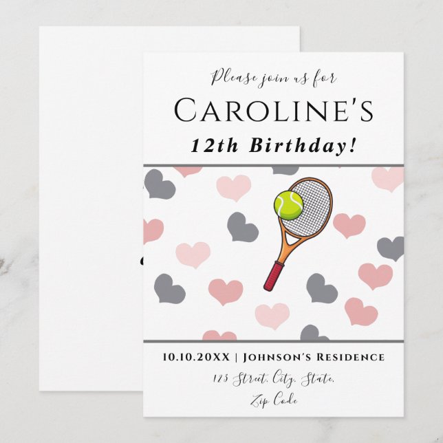 Tennis Liebe Romantische Herzen Rosa & Gray Kinder Einladung (Vorne/Hinten)