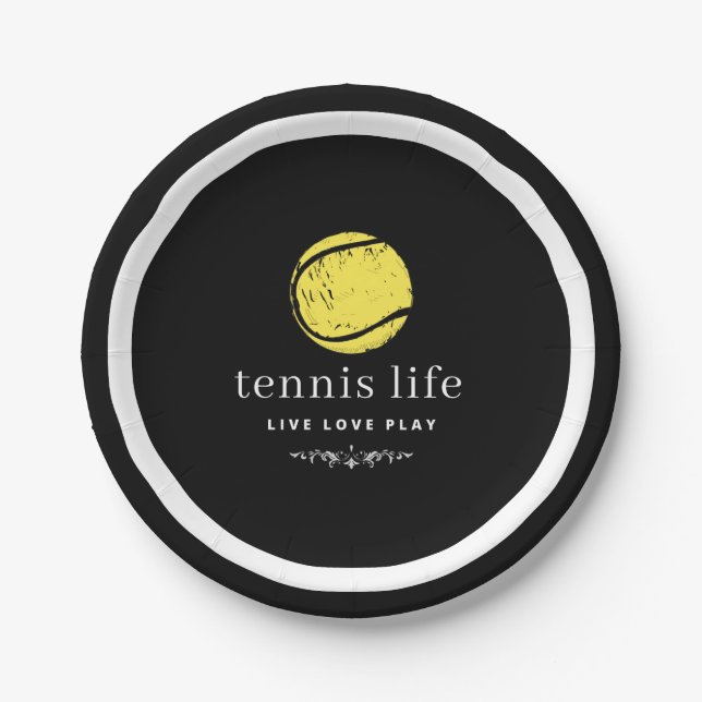 Tennis Life Live Liebe Typografie Zitat Black Pappteller (Vorderseite)
