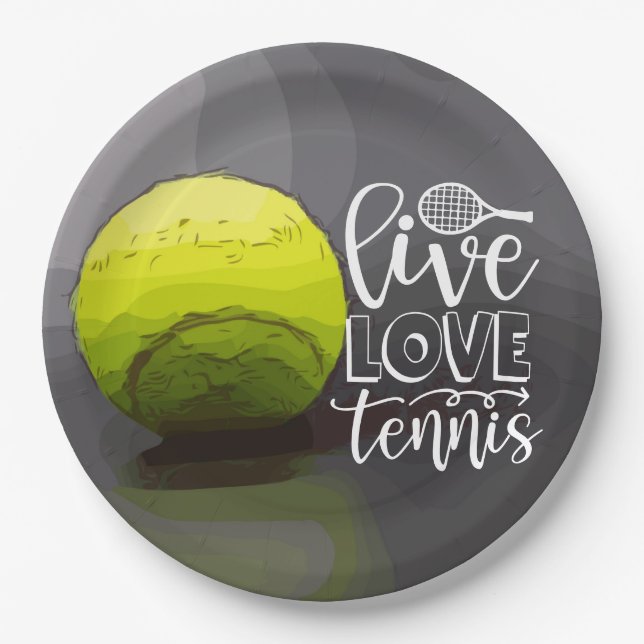 Tennis Live Liebe Tennis mit Ball auf schwarz Pappteller (Vorderseite)