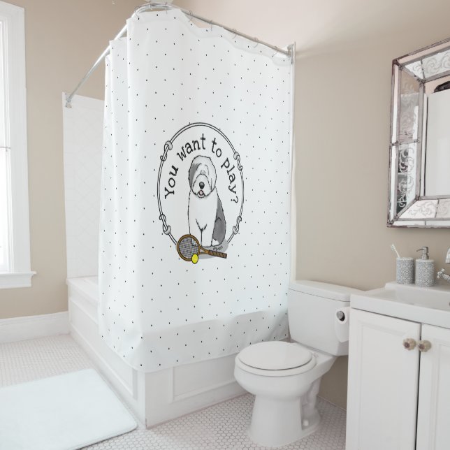 Tennis Old English Sheepdog (Grau 1) Hund Niedlich Duschvorhang (Beispiel)