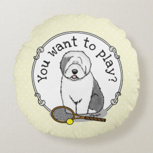 Tennis Old English Sheepdog (Grau 1) Hund Niedlich Rundes Kissen