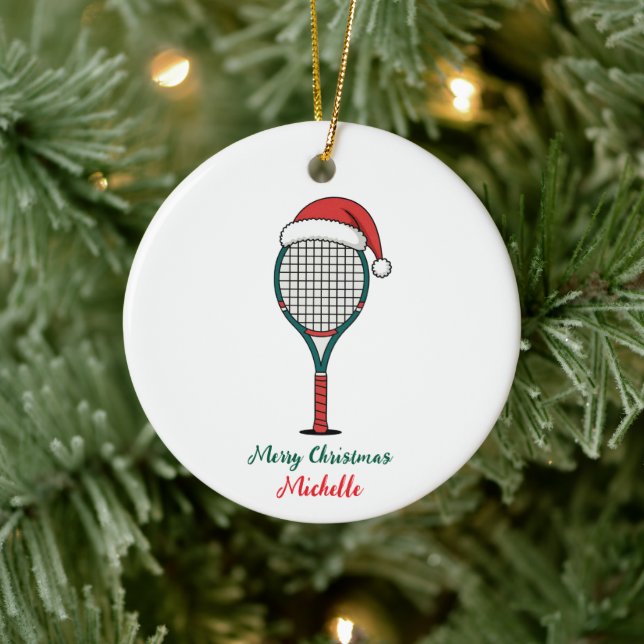 Tennis Paddle with Santa Hat Custom Christmas      Keramik Ornament (Baum)