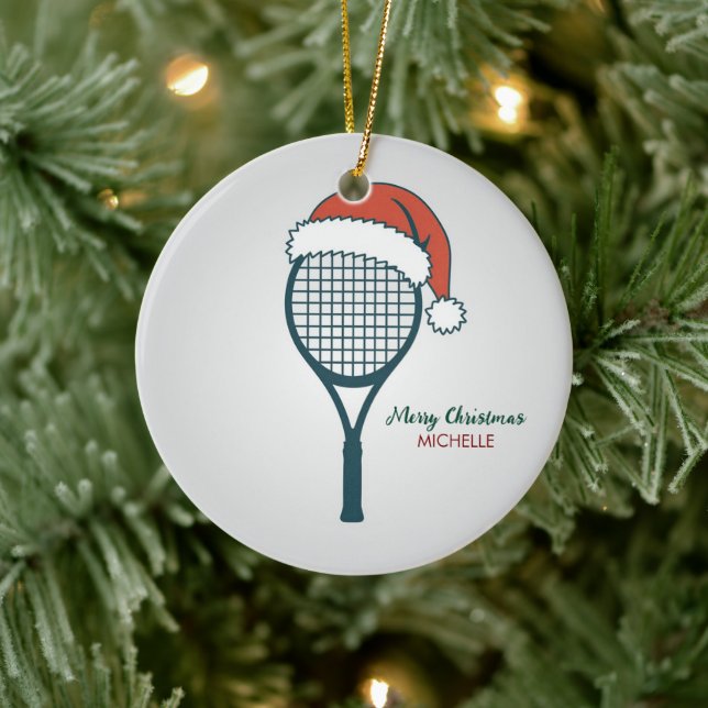 Tennis Paddle with Santa Hat Custom Christmas      Keramik Ornament (Baum)