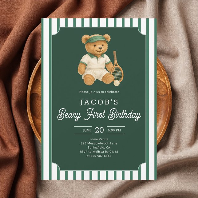 Tennis Preppy Bear 1st Birthday Invitation Einladung (Von Creator hochgeladen)