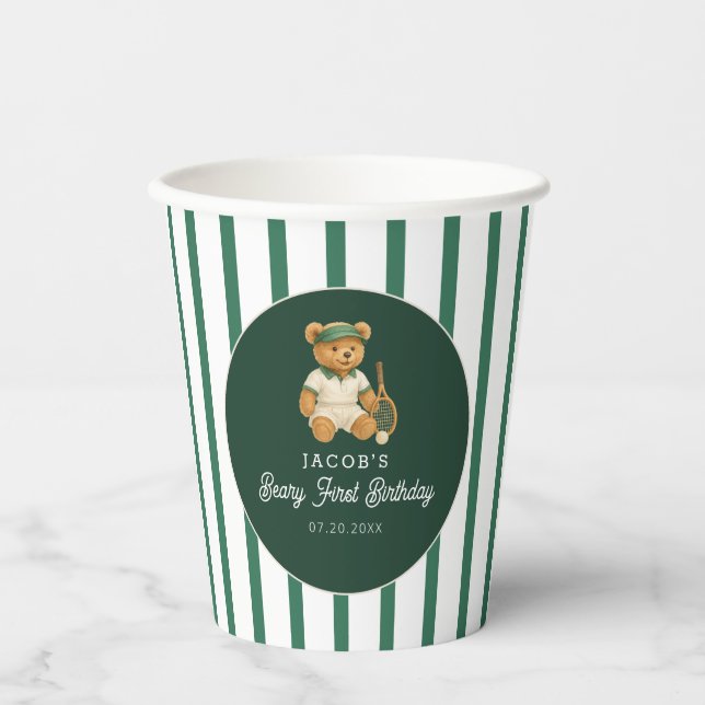 Tennis Preppy Bear Green Strip 1. Geburtstag Pappbecher (Vorderseite)